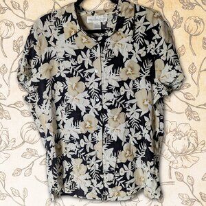 Vintage Preston & York 100% Silk Floral Button Down Blouse Top Size 14